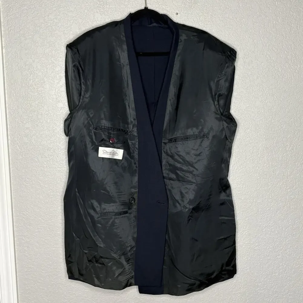 Vtg Oscar de la Renta Men’s Double Breasted Sport Coat Windowpane Navy Blue 46L
